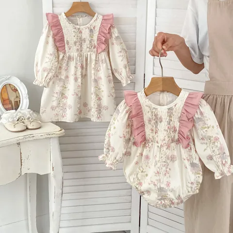 Baby Girls French Floral Long Sleeve Romper Or Dress With Ruffles And Smocking Detail Breathable Cotton Infant Toddler Clothing