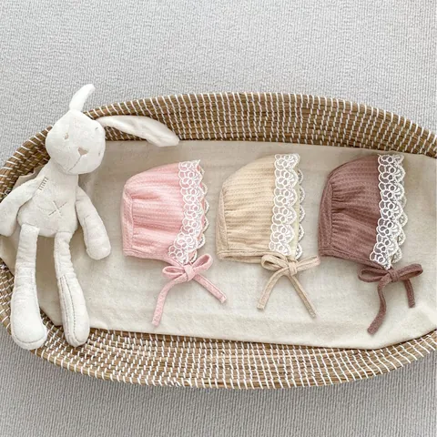 Gorro de Princesa Dulce para Bebés Niñas de Algodón con Encaje y Volantes Sombrero a Prueba de Viento Parasol con Lazo para Accesorios de Fotografía de Recién Nacidos