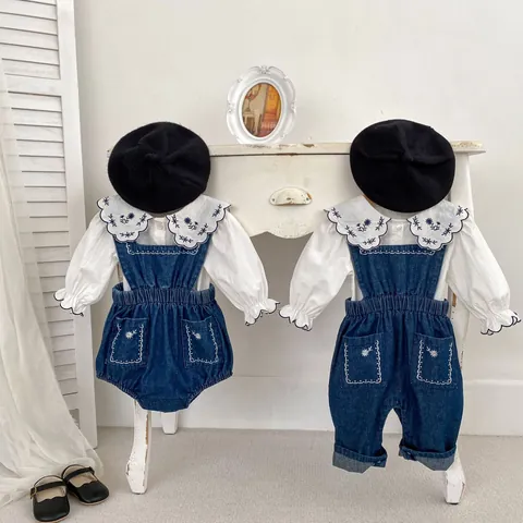 Baby Meisje Bloemenborduurwerk Denim Romper Tuinbroek Set Met Katoen Wit Overhemd Koreaanse Stijl Lente Herfst Outfit