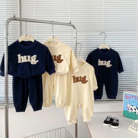 Infant Long Sleeve Cotton Romper And Sweatshirt Pants Set Minimalist Letter Embroidery Baby Clothing For Spring Autumn