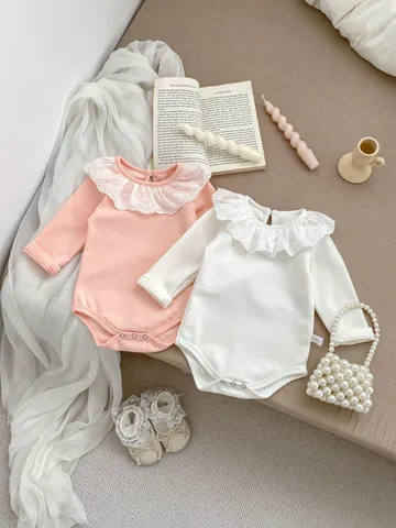 Tutina per Neonata in Cotone a Manica Lunga Con Colletto in Pizzo Tinta Unita Body Jumpsuit Primavera Autunno Abbigliamento