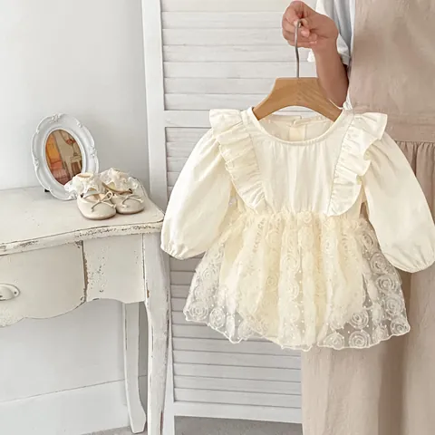 Baby Girl Sweet Princess Romper Dress Mesh Flower Embroidery Long Sleeve Bodysuit Birthday Party Tutu Outfit
