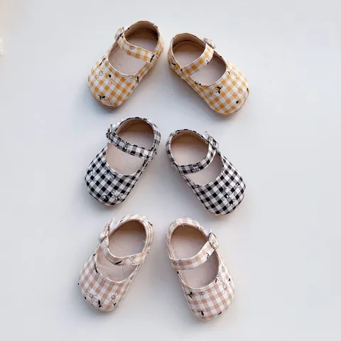Zapatos Mary Jane para Bebé Niña a Cuadros y Flores Suela Blanda Algodón Primeros Pasos con Hebilla para Niños