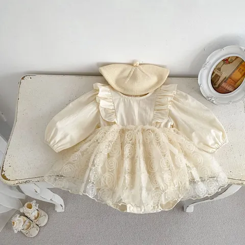 Baby Girl Sweet Princess Romper Dress Mesh Flower Embroidery Long Sleeve Bodysuit Birthday Party Tutu Outfit
