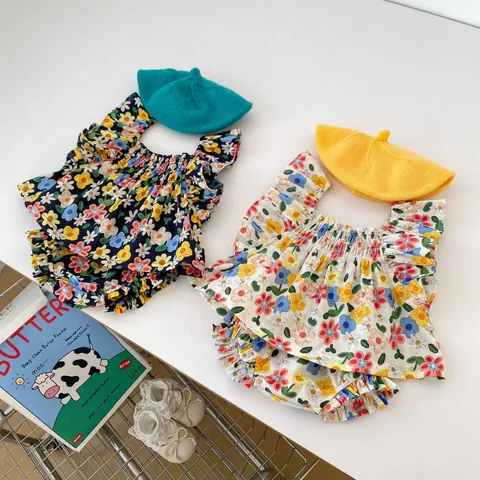 Toddler Baby Girls Summer Floral 100% Cotton Sleeveless Ruffle Top And Bloomers Shorts Casual Korean Style Outfit