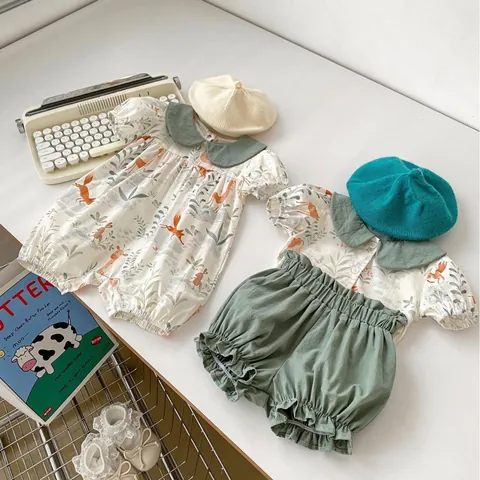 Baby Zomer Katoenen Kruippakje Dierenprint Peter Pan Kraag Korte Mouw Romper Of Overhemd En Shorts Outfit Voor Jongens Meisjes