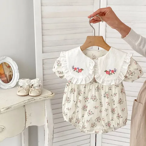 Barboteuse Bébé Fille Broderie Florale Col Claudine Coton Manches Courtes Combinaison Été Vêtements Pastorale