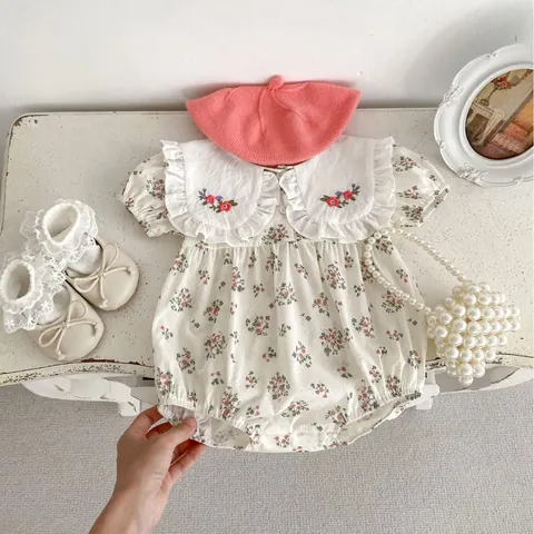 Barboteuse Bébé Fille Broderie Florale Col Claudine Coton Manches Courtes Combinaison Été Vêtements Pastorale