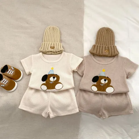 Completo Estivo da Neonato in Cotone a Nido d'Ape Maglietta a Maniche Corte e Pantaloncini Ricamo Orso Coreano Abbigliamento Casual