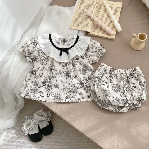 Baby Girl Vintage Ink Floral Cotton Short Sleeve Top Ruffle Collar Bloomer Pants Summer Daily Casual Breathable Clothing