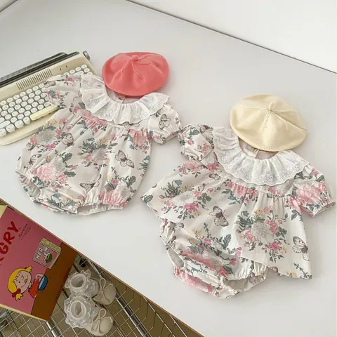 Baby Girls Summer Floral Romper And Top And Pants Outfit With Lace Collar Short Sleeve Cotton Sweet Butterfly Print