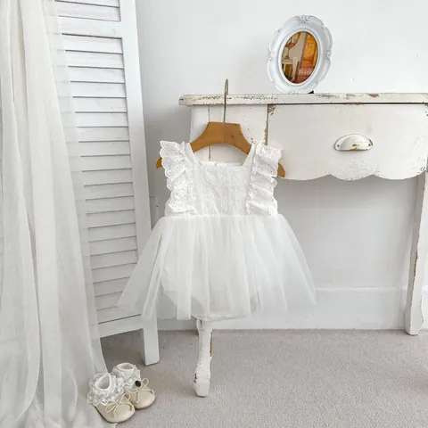 Vestido Mameluco de Encaje Blanco para Bebé Niña Body de Tul de Malla Sin Mangas para Fiesta de Cumpleaños Fotografía