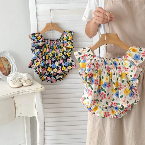 Toddler Baby Girls Summer Floral 100% Cotton Sleeveless Ruffle Top And Bloomers Shorts Casual Korean Style Outfit
