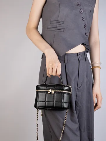 Women Genuine Leather Quilted Box Handbag With Golden Ball Chain Strap Luxury Lingge Small Crossbody Shoulder Bag