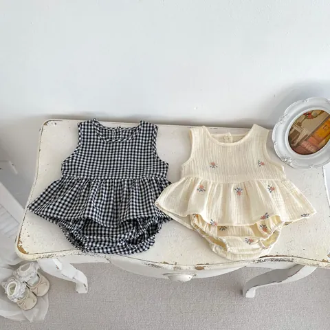 Women Baby Summer Cotton Muslin Outfit Sleeveless Ruffle Top Floral Embroidery Gingham Bloomers Infant Toddler Clothes
