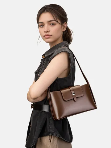 Borsa Sottoascellare in Vera Pelle da Donna Borsa a Spalla in Crosta di Pelle Tracolla Minimalista Tinta Unita Quadrata Orizzontale