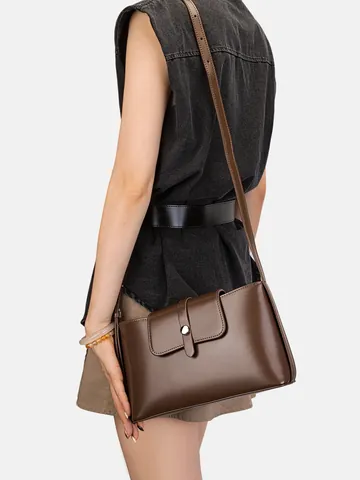 Borsa Sottoascellare in Vera Pelle da Donna Borsa a Spalla in Crosta di Pelle Tracolla Minimalista Tinta Unita Quadrata Orizzontale