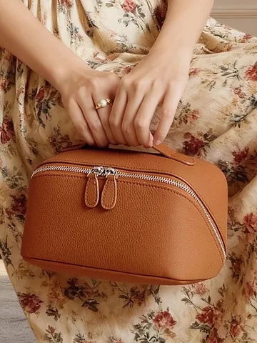 Echtleder Kosmetiktasche Mit Litschimuster Für Damen Große Kapazität Reise Kulturbeutel Mit Griff Doppelreißverschluss Etui