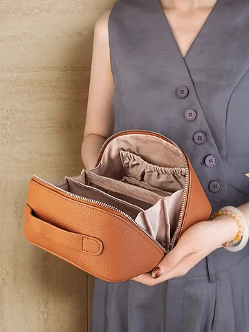 Echtleder Kosmetiktasche Mit Litschimuster Für Damen Große Kapazität Reise Kulturbeutel Mit Griff Doppelreißverschluss Etui