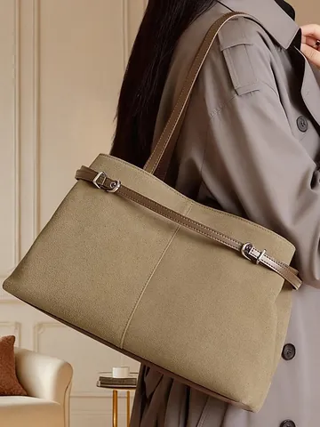 Large Capacity Genuine Leather Tote Bag For Women Retro Suede Frosted Shoulder Bag Minimalist Commuting Handbag With Metal Buckle