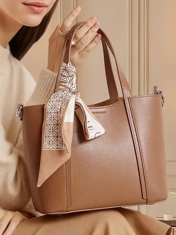 Borsa Tote in Vera Pelle di Grande Capacità per Donna Borsa a Tracolla Trama Litchi Con Decorazione Foulard in Raso Borsetta Pendolare
