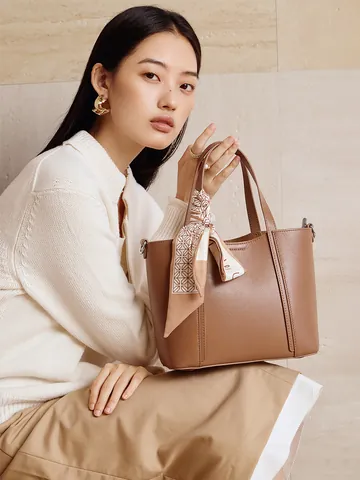 Borsa Tote in Vera Pelle di Grande Capacità per Donna Borsa a Tracolla Trama Litchi Con Decorazione Foulard in Raso Borsetta Pendolare