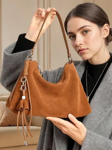 Borsa Hobo da Donna in Crosta di Cuoio Scamosciata Retro Con Nappe Manico Intrecciato Grande Capacità Borsa a Tracolla da Pendolare Borsa Tote