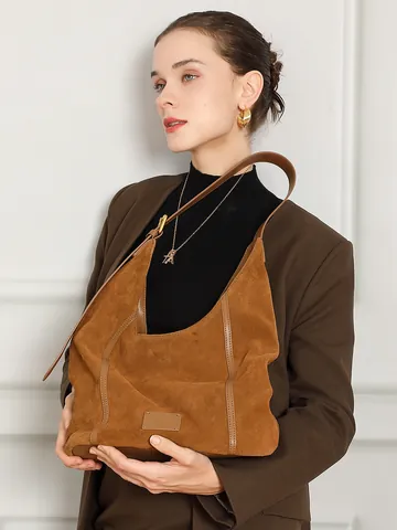 Borsa Tote da Donna in Pelle Scamosciata di Vacchetta Retro Grande Capacità Minimalista Hobo Borsa a Spalla per Pendolari