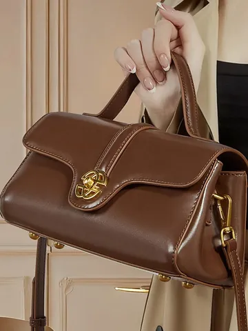 Urban Simple Genuine Leather Shoulder Crossbody Bag For Women Vintage Fashion Metallic Lock Top Handle Handbag Daily Commute