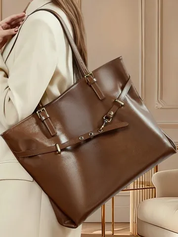 Women Genuine Leather Large Capacity Tote Bag Retro Minimalist Commuter Shoulder Bag Top Layer Cowhide Handbag