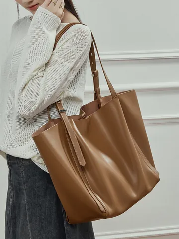 Borsa Tote in Vera Pelle di Grande Capacità per Donna Borsa a Tracolla in Crosta di Vacchetta Minimalista Borsa a Mano Pendolare Urban Retro