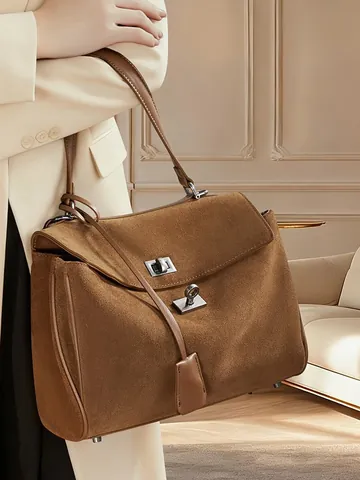 Women's Retro Matte Genuine Leather Rodeo Tote Bag Large Capacity Commuter Shoulder Crossbody Handbag With Silver Lock Buckle