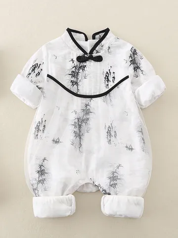 Chinese Style Baby Romper Ink Bamboo Print Double Layer Mesh Jumpsuit With Frog Buttons For Infant Newborn Clothes