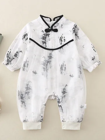 Chinese Style Baby Romper Ink Bamboo Print Double Layer Mesh Jumpsuit With Frog Buttons For Infant Newborn Clothes