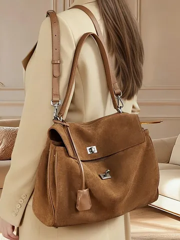 Bolso de Hombro de Cuero Genuino de Gamuza Grande Retro Mujer Alta Capacidad Tote Bandoulière Bolso de Axila Con Cierre Giratorio de Plata