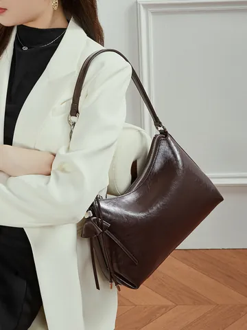 Women Genuine Leather Underarm Bag Vintage Glossy Cowhide Shoulder Bag With Bow Knot Tassel Large Capacity Hobo Bag