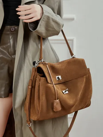 Bolso de Hombro de Cuero Genuino de Gamuza Grande Retro Mujer Alta Capacidad Tote Bandoulière Bolso de Axila Con Cierre Giratorio de Plata