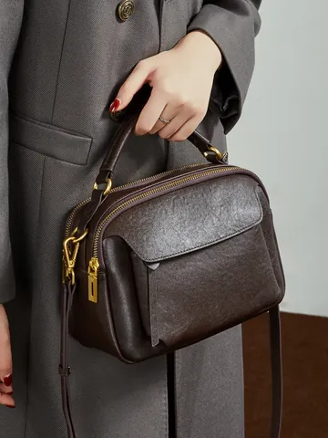 Women First-layer Cowhide Genuine Leather Handbag Multi-compartment Double Zipper Crossbody Shoulder Bag Minimalist Travel Bag