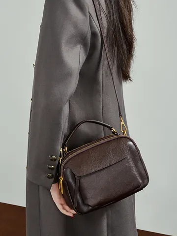 Women First-layer Cowhide Genuine Leather Handbag Multi-compartment Double Zipper Crossbody Shoulder Bag Minimalist Travel Bag