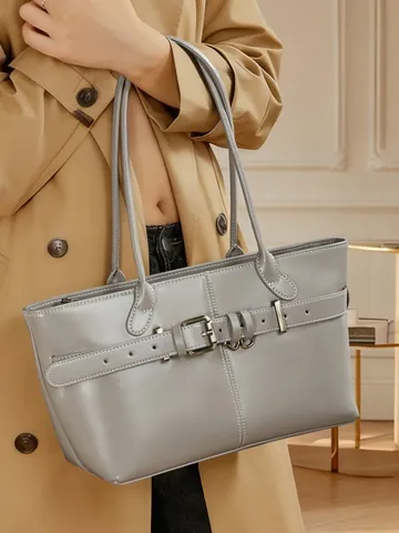 Echtes Leder Tote Bag Für Damen Top-Grain-Rindsleder Umhängetasche Minimalistisch Büro Arbeit Handtasche Große Kapazität Gürtel Dekor