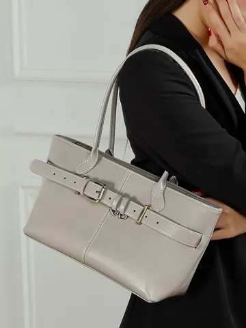 Echtes Leder Tote Bag Für Damen Top-Grain-Rindsleder Umhängetasche Minimalistisch Büro Arbeit Handtasche Große Kapazität Gürtel Dekor