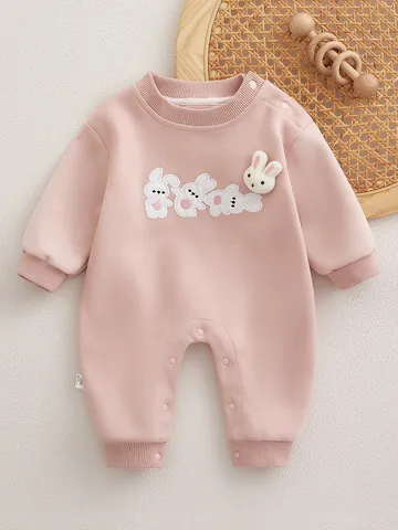 Baby Meisjes Roze Kruippakje Lange Mouw Katoenmix Jumpsuit Met Konijnenborduurwerk En 3D Konijnenkop Voor Dagelijks Gebruik