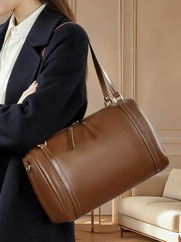 Borsa a Spalla da Donna in Vera Pelle di Grande Capacità in Pelle di Vacchetta Primo Strato Borsa a Mano Minimalista Pendolare Stile Boston Retrò