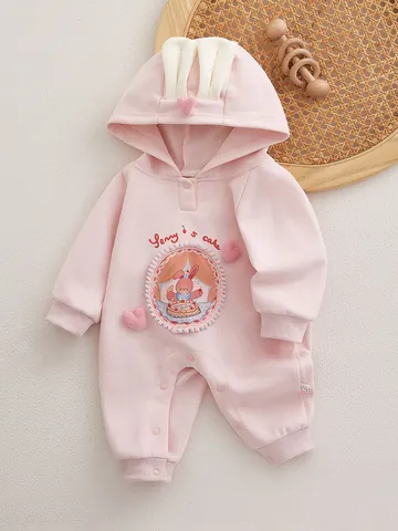 Pasgeboren Baby Meisje Kruippakje Met Capuchon Konijnenoren Hart Borduurwerk Katoen Lange Mouw Jumpsuit Baby Roze Herfst