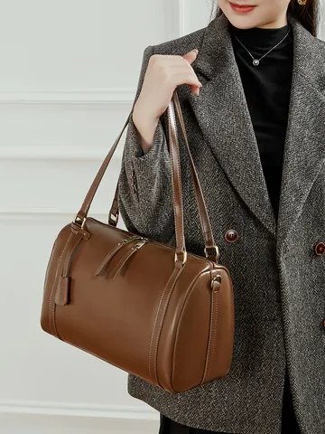 Borsa a Spalla da Donna in Vera Pelle di Grande Capacità in Pelle di Vacchetta Primo Strato Borsa a Mano Minimalista Pendolare Stile Boston Retrò