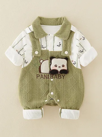 Baby Jongens Lange Mouw Kruippakje Panda Bamboe Print Overall Wafeltextuur Katoen Fake Two-piece Baby Kleding