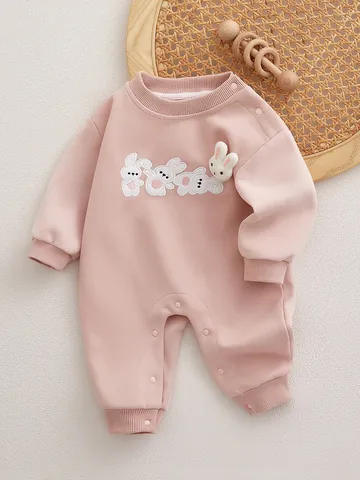 Baby Meisjes Roze Kruippakje Lange Mouw Katoenmix Jumpsuit Met Konijnenborduurwerk En 3D Konijnenkop Voor Dagelijks Gebruik