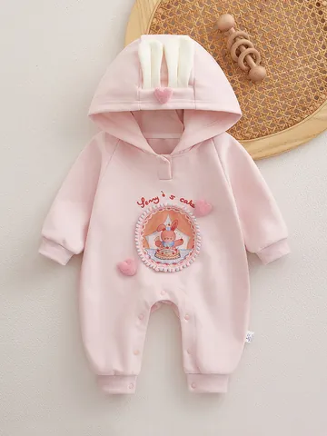 Pasgeboren Baby Meisje Kruippakje Met Capuchon Konijnenoren Hart Borduurwerk Katoen Lange Mouw Jumpsuit Baby Roze Herfst
