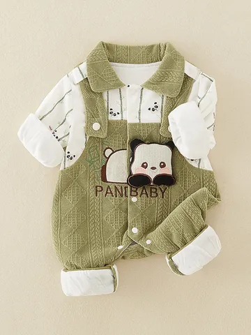 Baby Jongens Lange Mouw Kruippakje Panda Bamboe Print Overall Wafeltextuur Katoen Fake Two-piece Baby Kleding