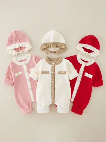 Baby Mädchen Strick Strampler Set Vintage Einreihiger Jumpsuit Mit Passendem Rüschenhut Langarm Herbst Frühling Body